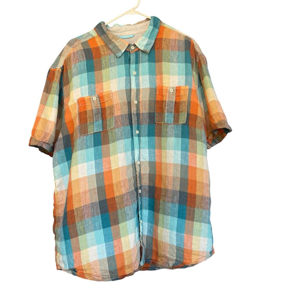 Tommy Bahama Relax Linen Shirt Mens XXL Button Up Short‎ Sleeve Plaid